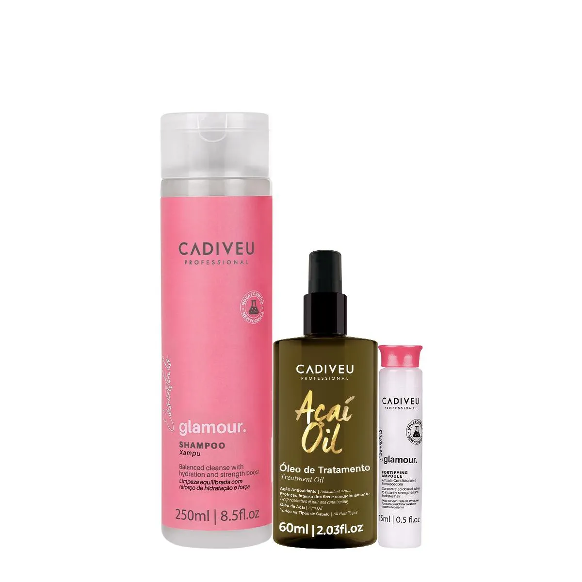 KIT CADIVEU PROFISSIONAL ESSENTIALS GLAMOUR SHAMPOO AMPOLA E AçAí OIL 60 (3 PRODUTOS)