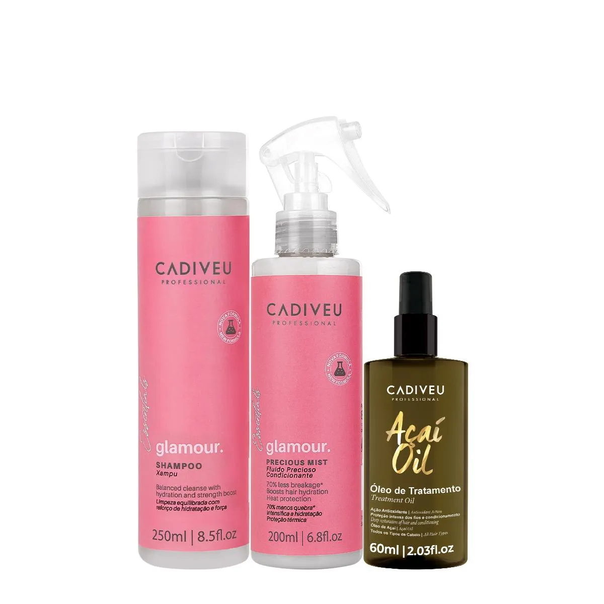 KIT CADIVEU PROFISSIONAL ESSENTIALS GLAMOUR SHAMPOO FLUíDO E AçAí OIL 60 (3 PRODUTOS)