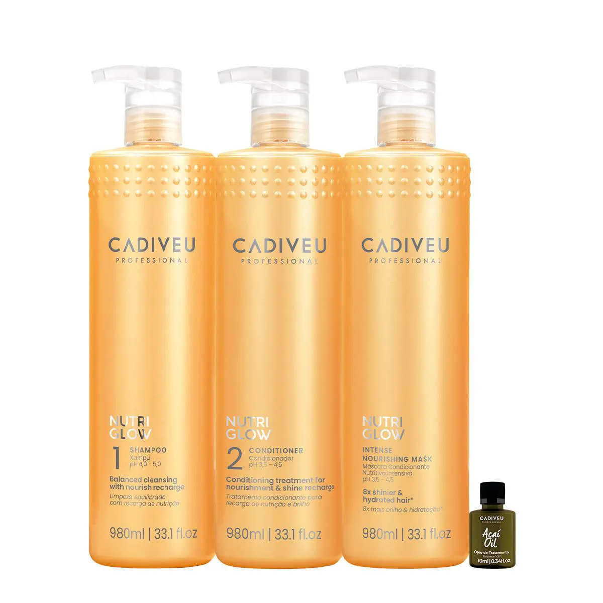 KIT CADIVEU PROFESSIONAL NUTRI GLOW SHAMPOO CONDICIONADOR MáSCARA G E AçAí OIL (4 PRODUTOS)