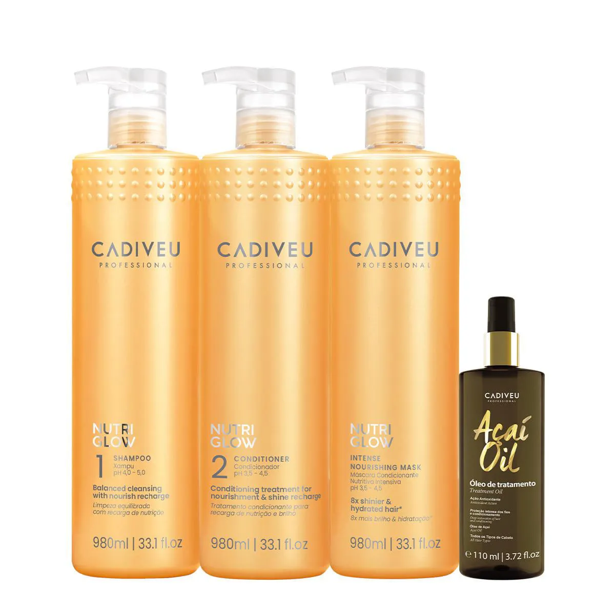 KIT CADIVEU PROFESSIONAL NUTRI GLOW SHAMPOO CONDICIONADOR MáSCARA G E AçAí OIL 110 (4 PRODUTOS)