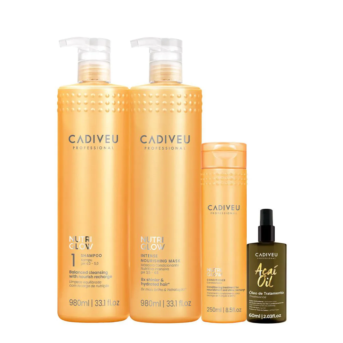 KIT CADIVEU PROFESSIONAL NUTRI GLOW SHAMPOO G CONDICIONADOR MáSCARA G E AçAí OIL 60 (4 PRODUTOS)