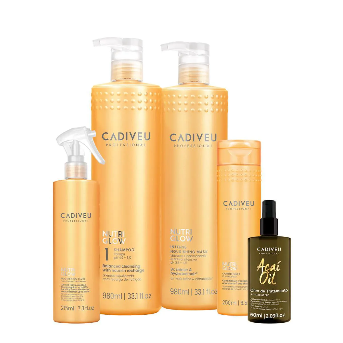 KIT CADIVEU PROFESSIONAL NUTRI GLOW SHAMPOO G CONDICIONADOR MáSCARA FLUíDO G E AçAí OIL 60 (5 PRODUTOS)