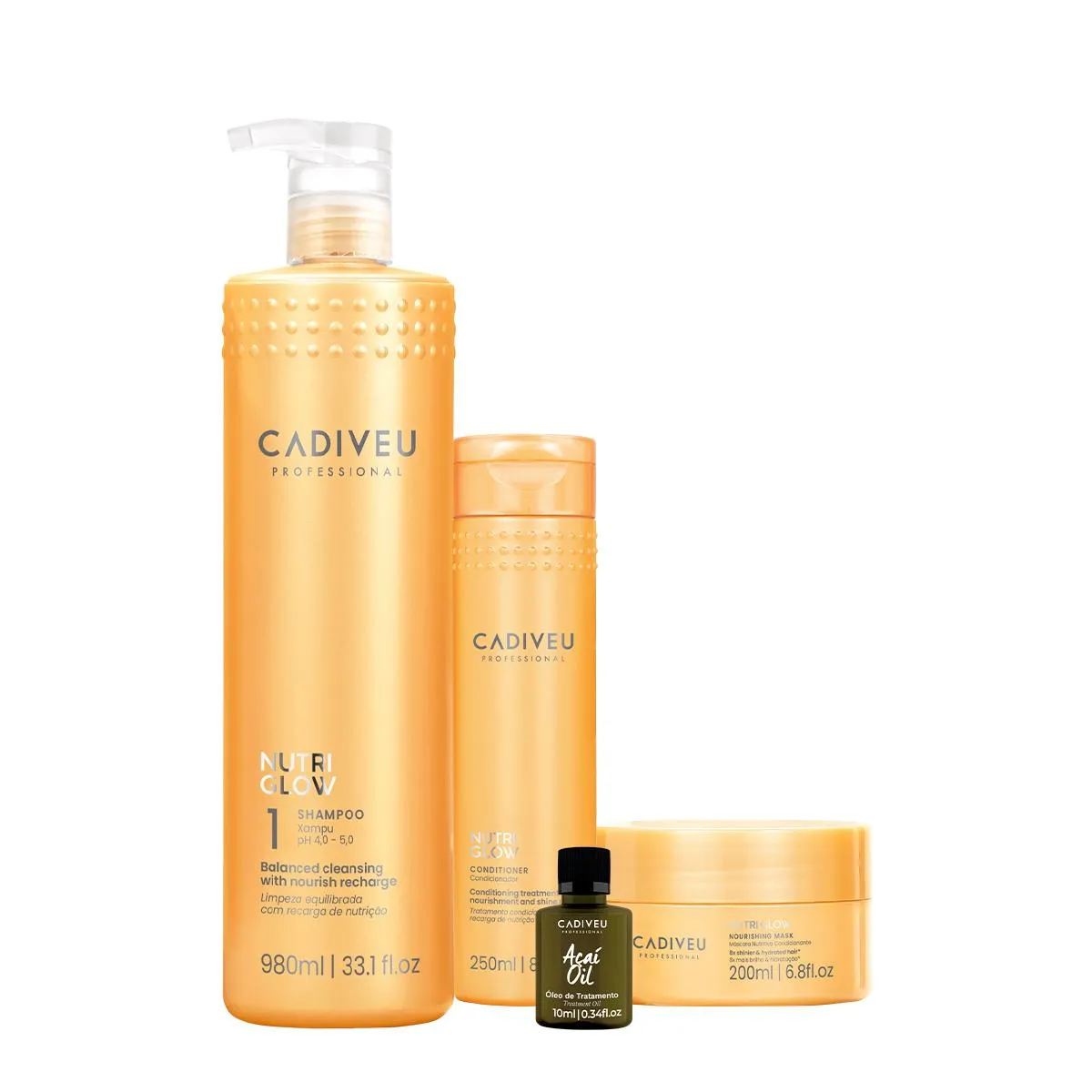 KIT CADIVEU PROFESSIONAL NUTRI GLOW SHAMPOO CONDICIONADOR MáSCARA E AçAí OIL (4 PRODUTOS)