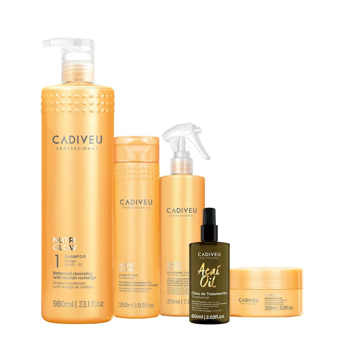 KIT CADIVEU PROFESSIONAL NUTRI GLOW SHAMPOO CONDICIONADOR MáSCARA FLUíDO E AçAí OIL 60 (5 PRODUTOS)