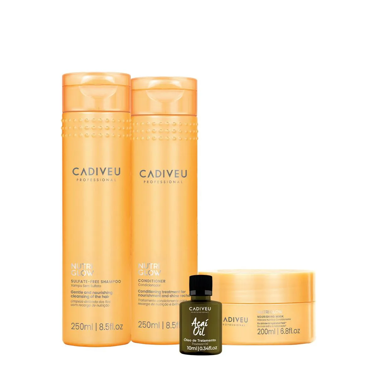 KIT CADIVEU PROFESSIONAL NUTRI GLOW SHAMPOO CONDICIONADOR MáSCARA P E AçAí OIL (4 PRODUTOS)