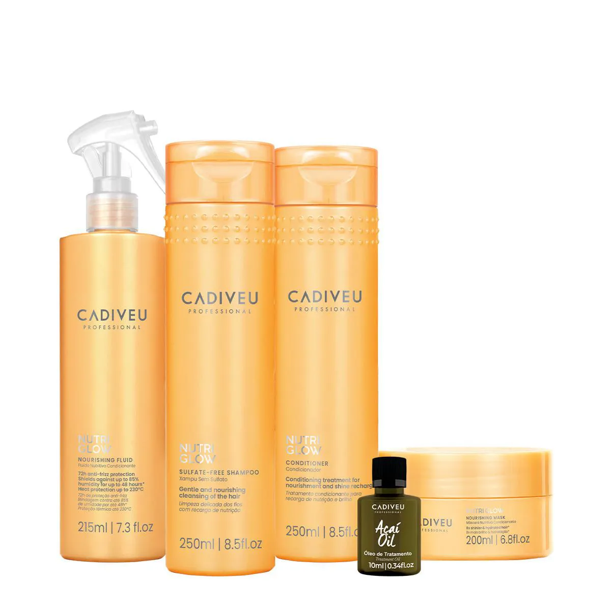 KIT CADIVEU PROFESSIONAL NUTRI GLOW SHAMPOO CONDICIONADOR MáSCARA P FLUíDO E AçAí OIL (5 PRODUTOS)