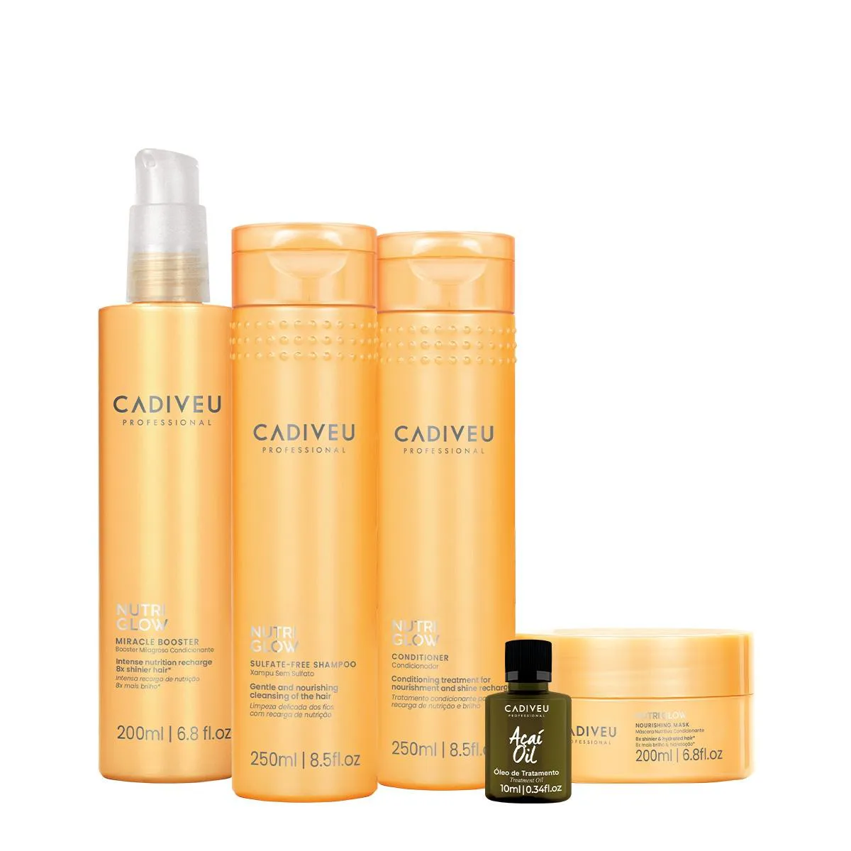 KIT CADIVEU PROFESSIONAL NUTRI GLOW SHAMPOO CONDICIONADOR MáSCARA PRé-SHAMPOO E AçAí OIL (5 PRODUTOS)