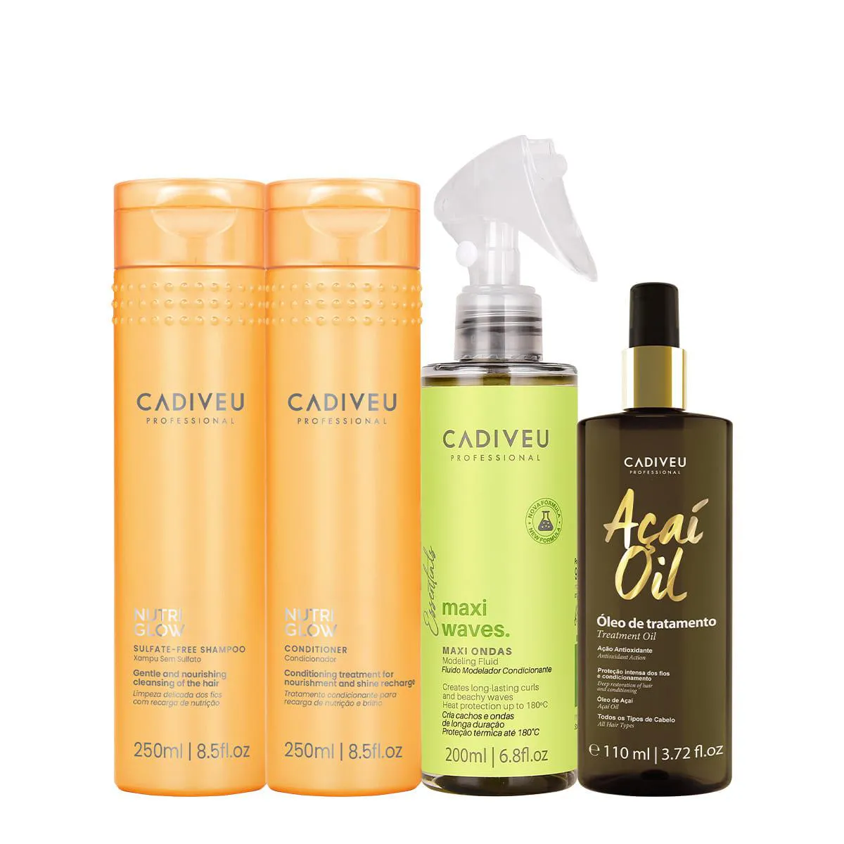KIT CADIVEU PROFESSIONAL NUTRI GLOW SHAMPOO CONDICIONADOR MAXI ONDAS E AçAí OIL 110 (4 PRODUTOS)