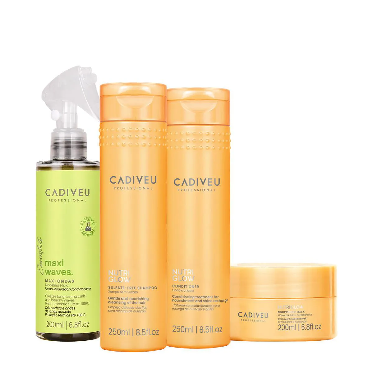 KIT CADIVEU PROFESSIONAL NUTRI GLOW SHAMPOO CONDICIONADOR MáSCARA E MAXI ONDAS (4 PRODUTOS)