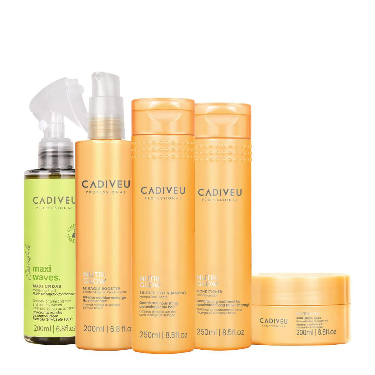 KIT CADIVEU PROFESSIONAL NUTRI GLOW SHAMPOO CONDICIONADOR MáSCARA FLUíDO E LEAVE-IN (5 PRODUTOS)