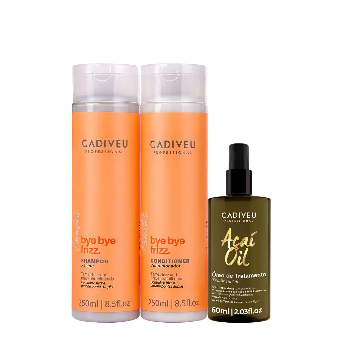 KIT CADIVEU PROFESSIONAL BYE BYE FRIZZ SHAMPOO CONDICIONADOR E AçAí OIL 60 (3 PRODUTOS)