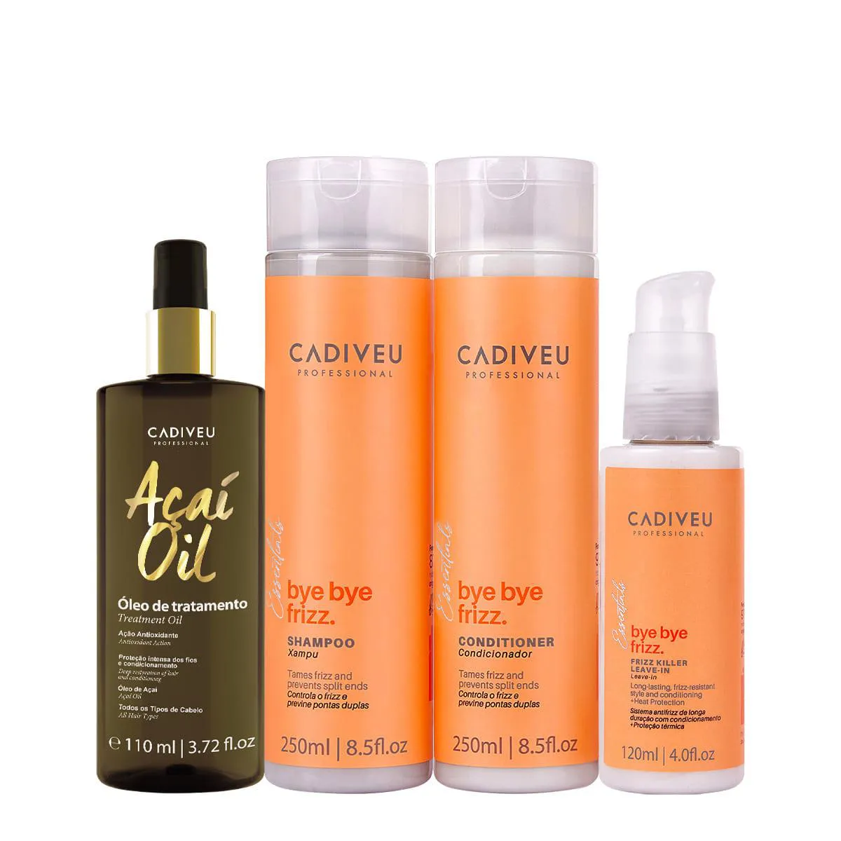 KIT CADIVEU PROFESSIONAL BYE BYE FRIZZ SHAMPOO CONDICIONADOR LEAVE-IN E AçAí OIL 110 (4 PRODUTOS)