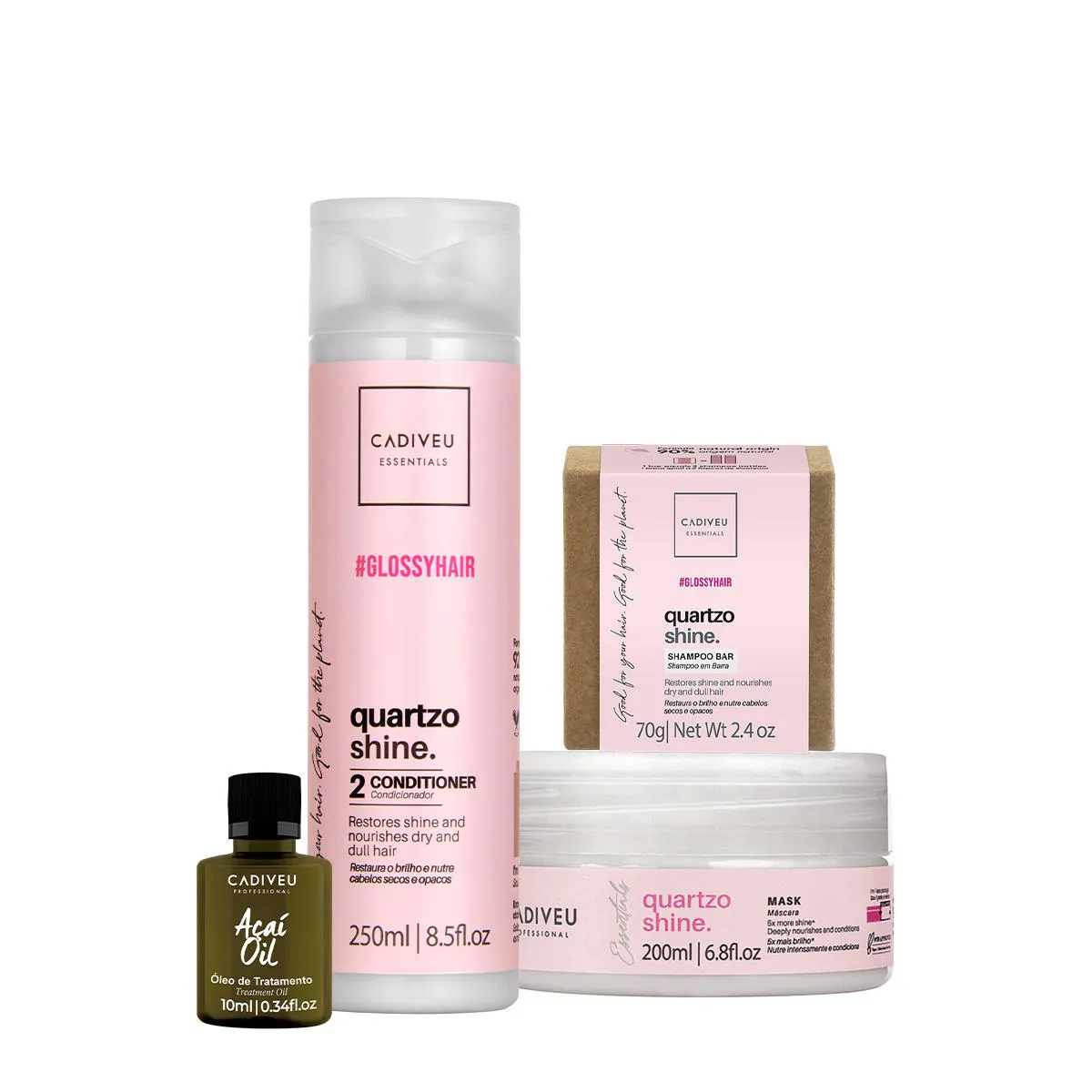 KIT CADIVEU PROFESSIONAL ESSENTIALS QUARTZO SHINE SHAMPOO EM BARRA CONDICIONADOR MáSCARA E AçAí OIL (4 PRODUTOS)