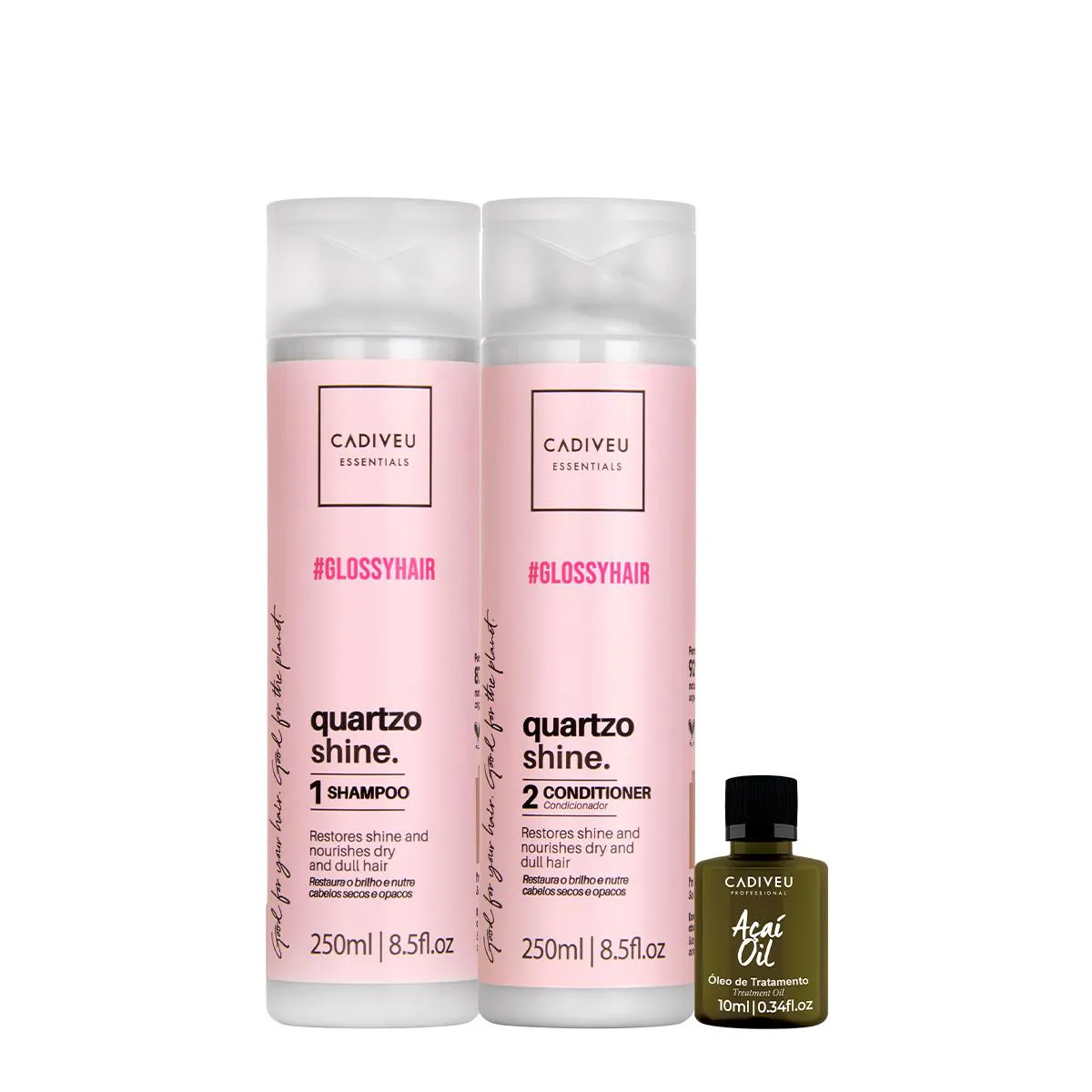 KIT CADIVEU ESSENTIALS QUARTZO SHINE SHAMPOO CONDICIONADOR E AçAó OIL (3 PRODUTOS)