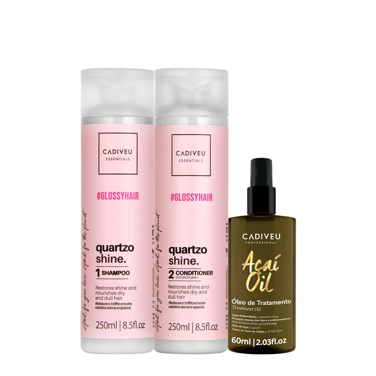 KIT CADIVEU ESSENTIALS QUARTZO SHINE SHAMPOO CONDICIONADOR E AçAí OIL 60 (3 PRODUTOS)