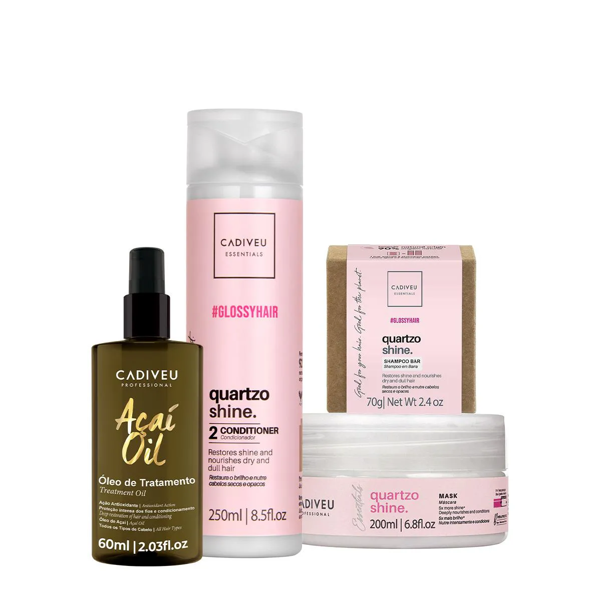 KIT CADIVEU PROFESSIONAL ESSENTIALS QUARTZO SHINE SHAMPOO EM BARRA CONDICIONADOR MáSCARA E AçAí OIL 60 (4 PRODUTOS)