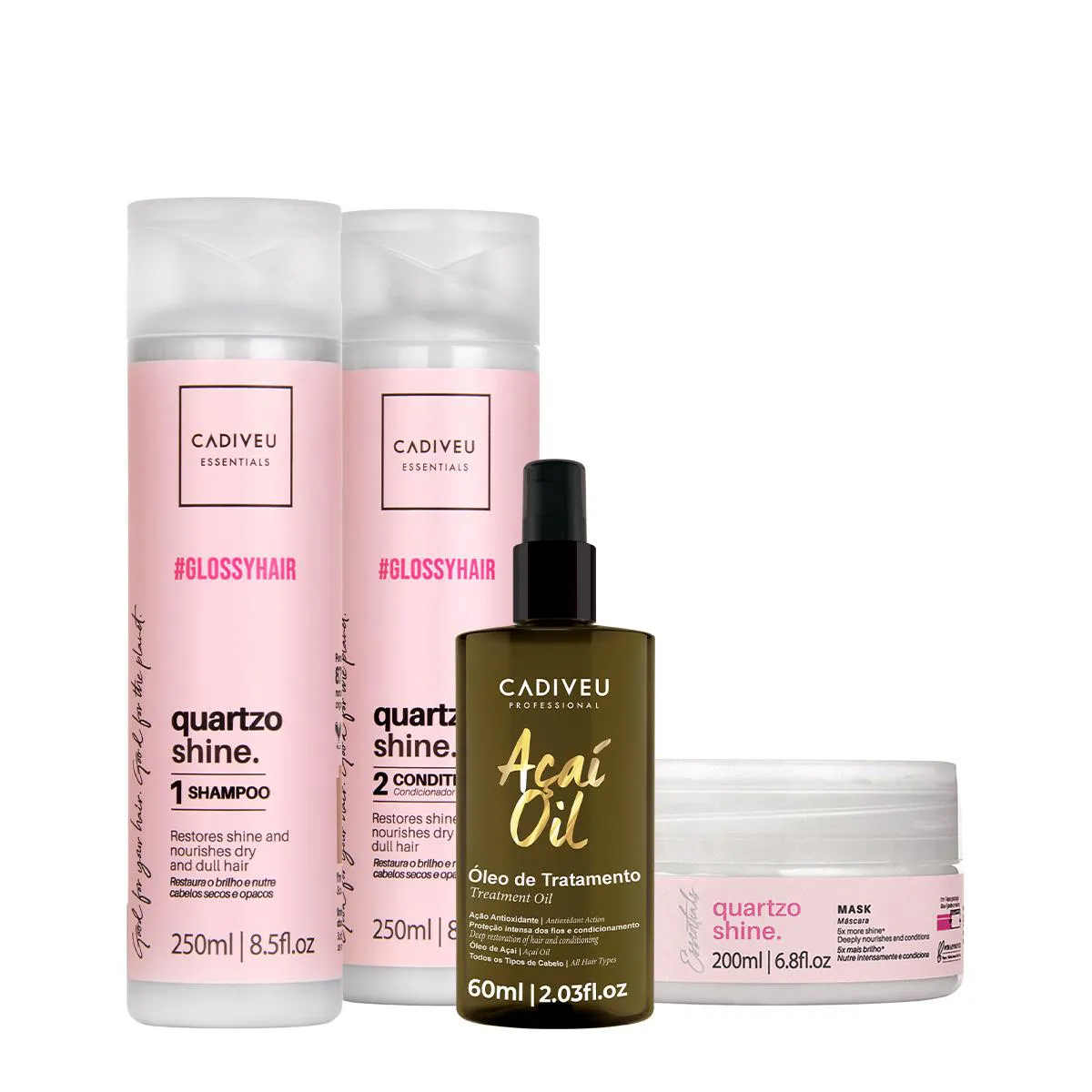 KIT CADIVEU PROFESSIONAL QUARTZO SHINE SHAMPOO CONDICIONADOR MáSCARA E AçAí OIL 60 (4 PRODUTOS)