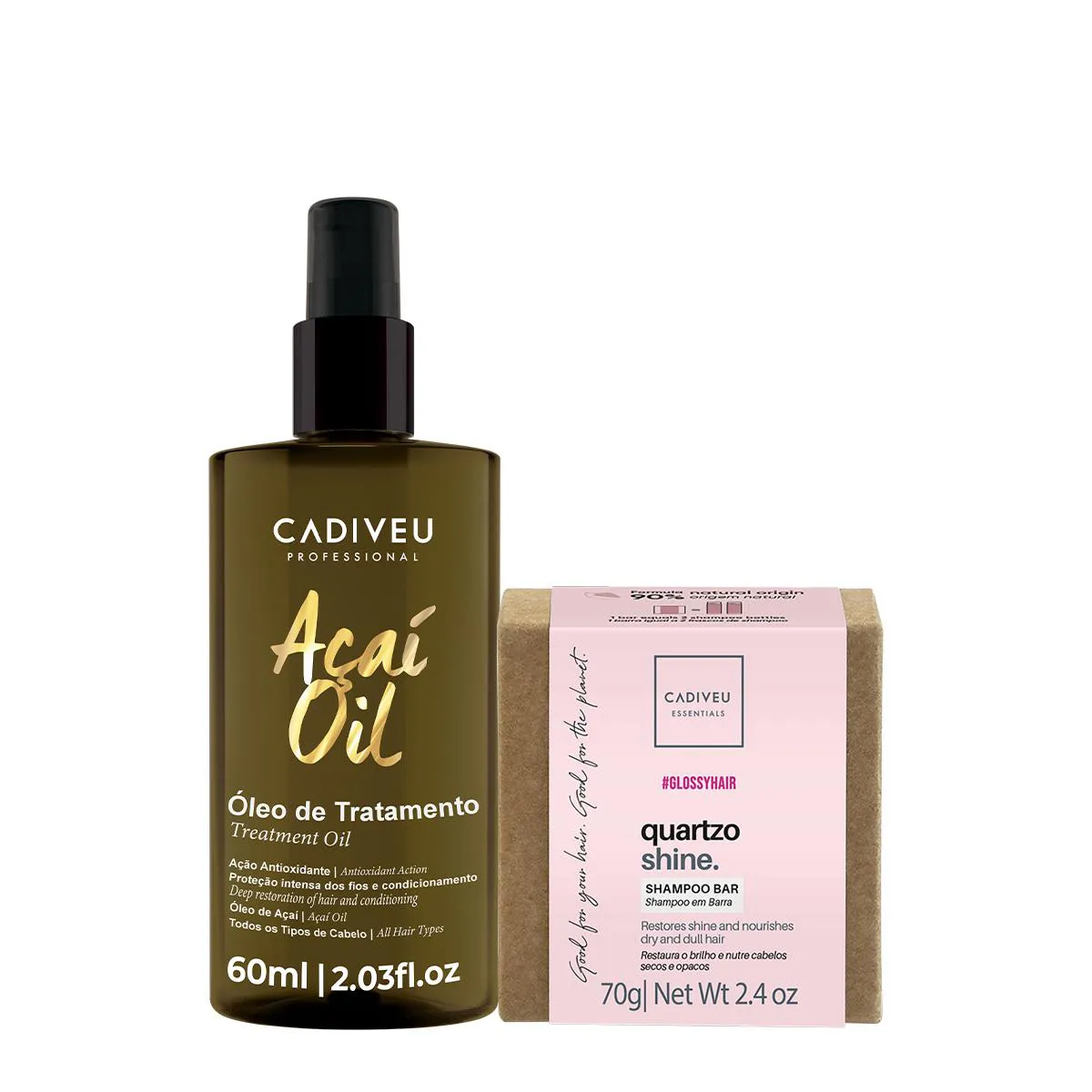 KIT CADIVEU PROFESSIONAL ESSENTIALS QUARTZO SHINE SHAMPOO EM BARRA E AçAí OIL 60 (2 PRODUTOS)