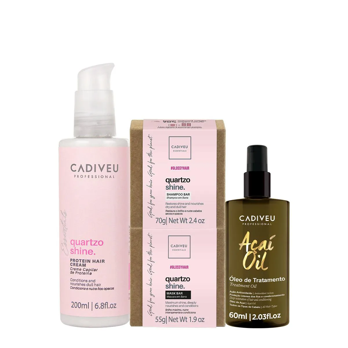 KIT CADIVEU PROFESSIONAL ESSENTIALS QUARTZO SHINE SHAMPOO MáSCARA EM BARRA PRé-SHAMPOO E AçAí OIL 60 (4 PRODUTOS)