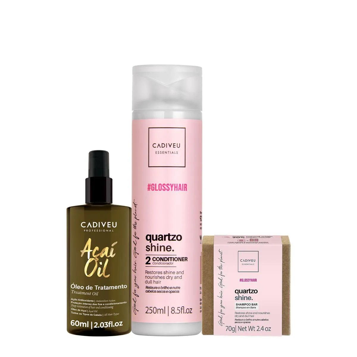 KIT CADIVEU PROFESSIONAL ESSENTIALS QUARTZO SHINE SHAMPOO EM BARRA CONDICIONADOR E AçAí OIL 60 (3 PRODUTOS)