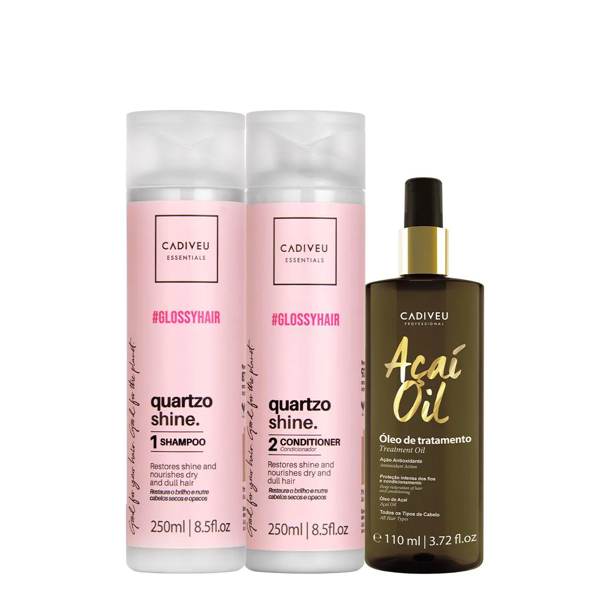 KIT CADIVEU ESSENTIALS QUARTZO SHINE SHAMPOO CONDICIONADOR E AçAí OIL 110 (3 PRODUTOS)