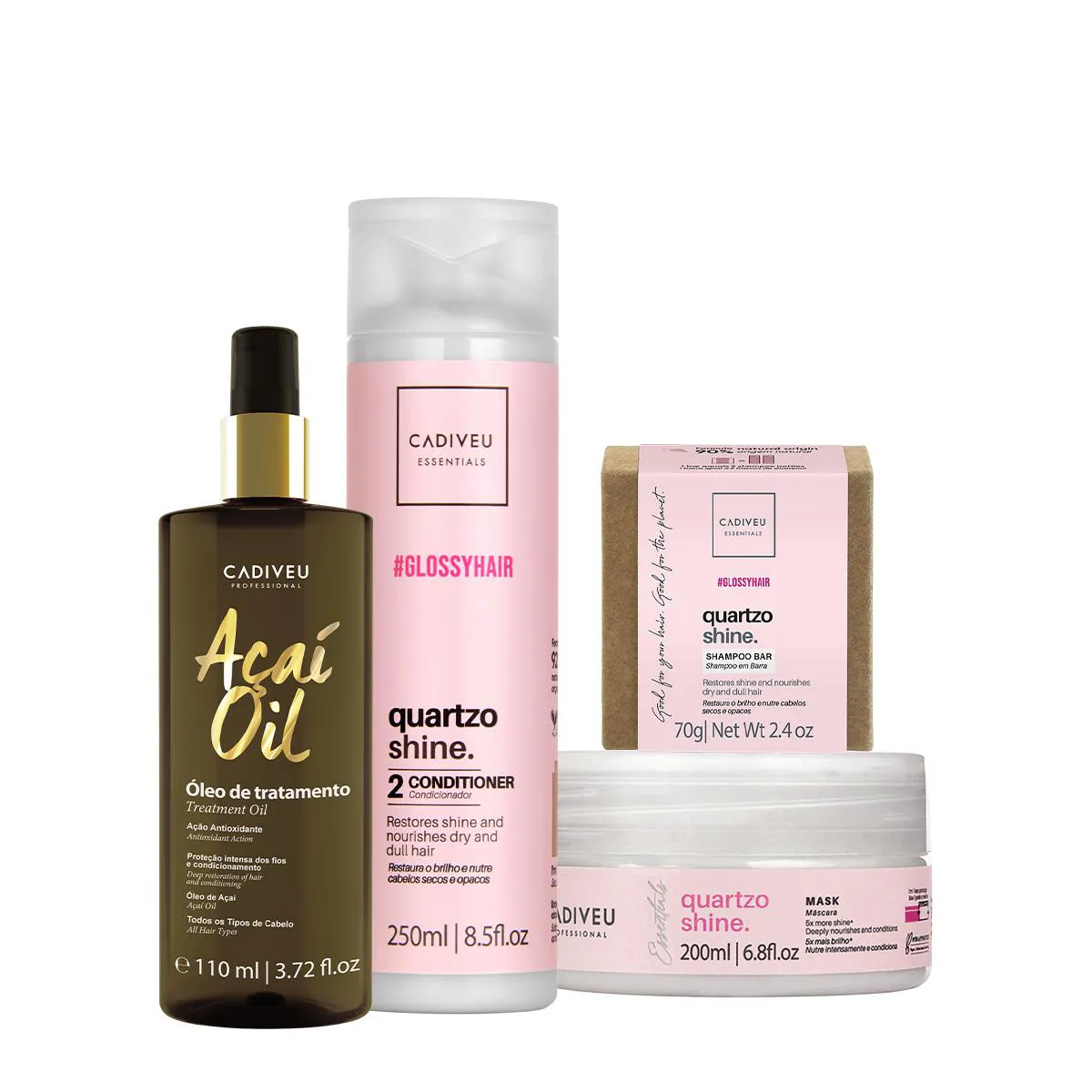 KIT CADIVEU PROFESSIONAL ESSENTIALS QUARTZO SHINE SHAMPOO EM BARRA CONDICIONADOR MáSCARA E AçAí OIL 110 (4 PRODUTOS)