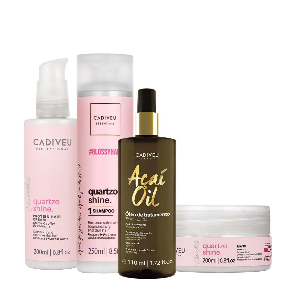 KIT CADIVEU PROFESSIONAL ESSENTIALS QUARTZO SHINE SHAMPOO MáSCARA PRé-SHAMPOO E AçAí OIL 110 (4 PRODUTOS)
