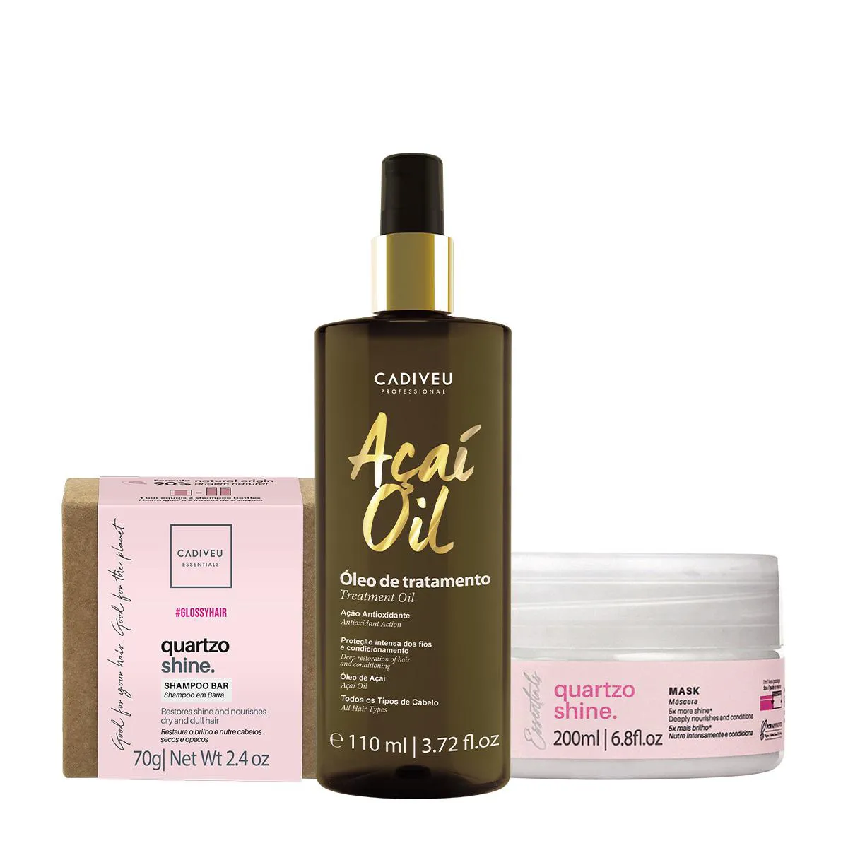 KIT CADIVEU PROFESSIONAL ESSENTIALS QUARTZO SHINE SHAMPOO EM BARRA MáSCARA E AçAí OIL 110 (3 PRODUTOS)