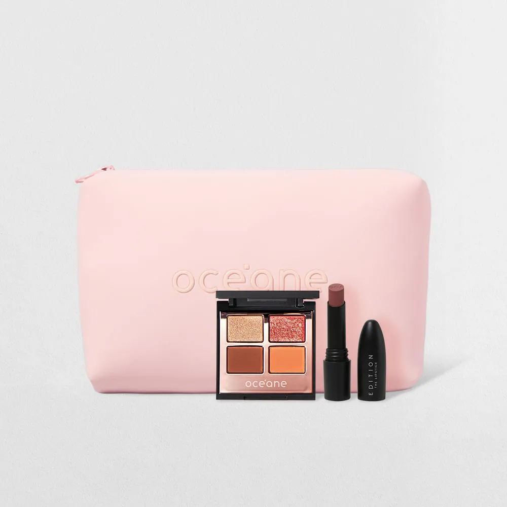 KIT NéCESSAIRE ROSA + PALETA DE SOMBRAS + BATOM NUDE SEMI-MATTE (3 PRODUTOS)