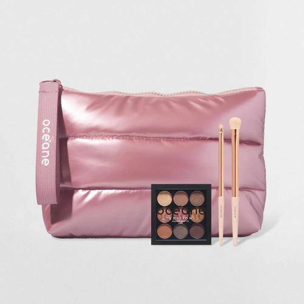 KIT NéCESSAIRE ROSê PUFFER + PALETA DE SOMBRAS + PINCEL PARA SOMBRA + PINCEL PARA ESFUMAR (4 PRODUTOS)