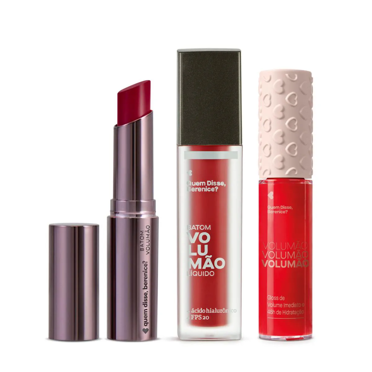 Quem Disse, Berenice? Kit Volumão: Gloss Vermelho Bocão + Batom Bordolê + Batom Líquido Morangoli