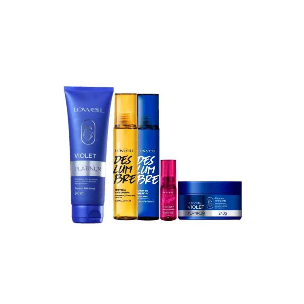 Kit Lowell Violet Platinum Deslumbre Liso Mágico Máscara Matizadora E Proteína Antiquebra (5 Produtos)