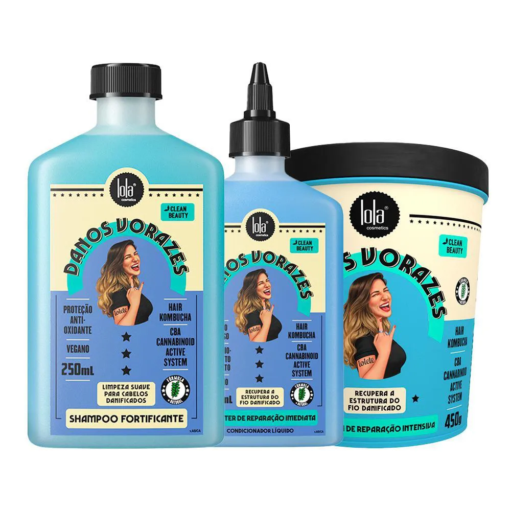 Kit Lola Cosmetics Danos Vorazes Shampoo Fortificante 250ml+ Máscara de Cabelo Reparação Intensa 230g+ Booster de Reparação Imediata 250ml
