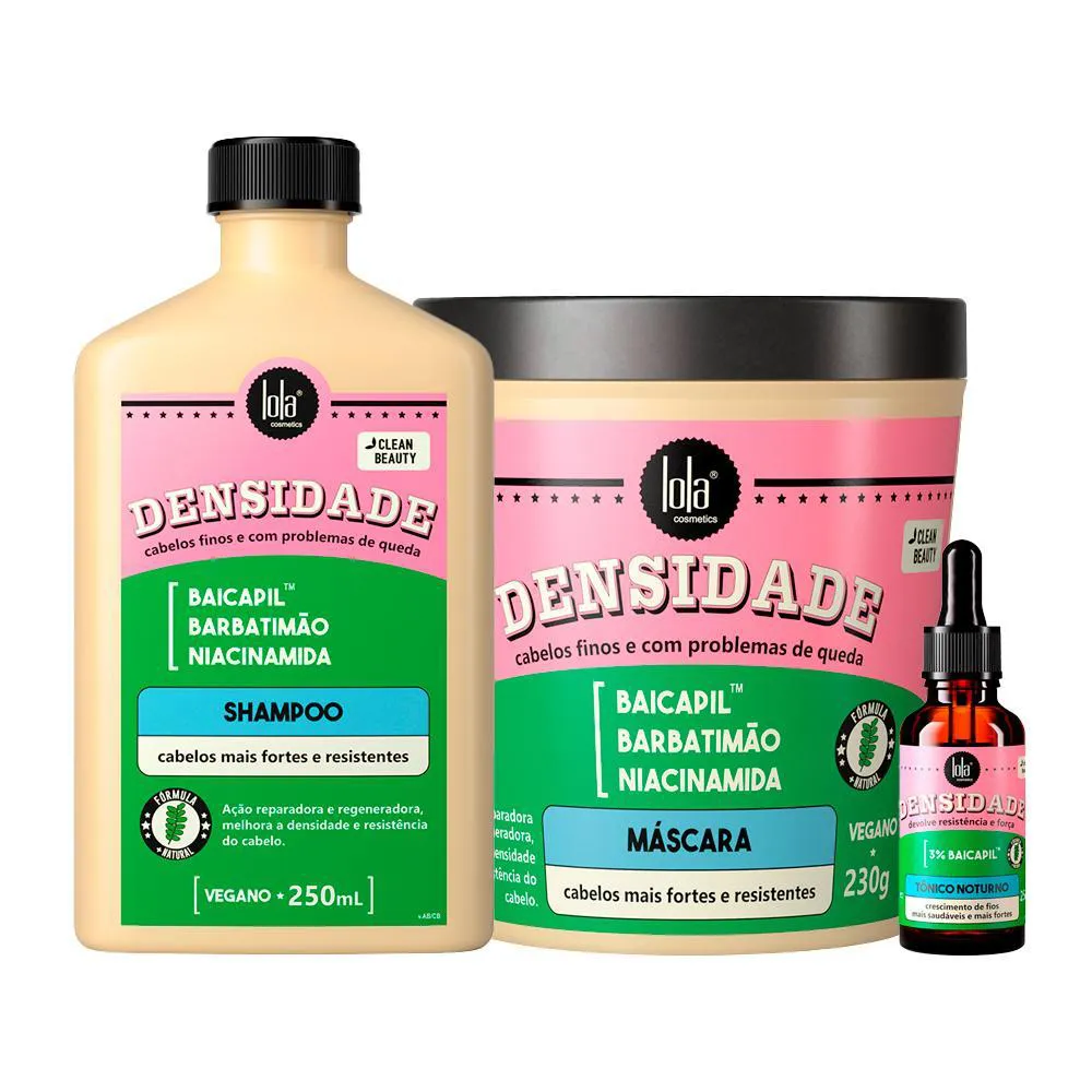 Kit Lola Cosmetics Densidade Shampoo 250ml+ Máscara de Cabelo Reconstrutora 230g+ Leave-In Tônico Capilar Noturno 25ml