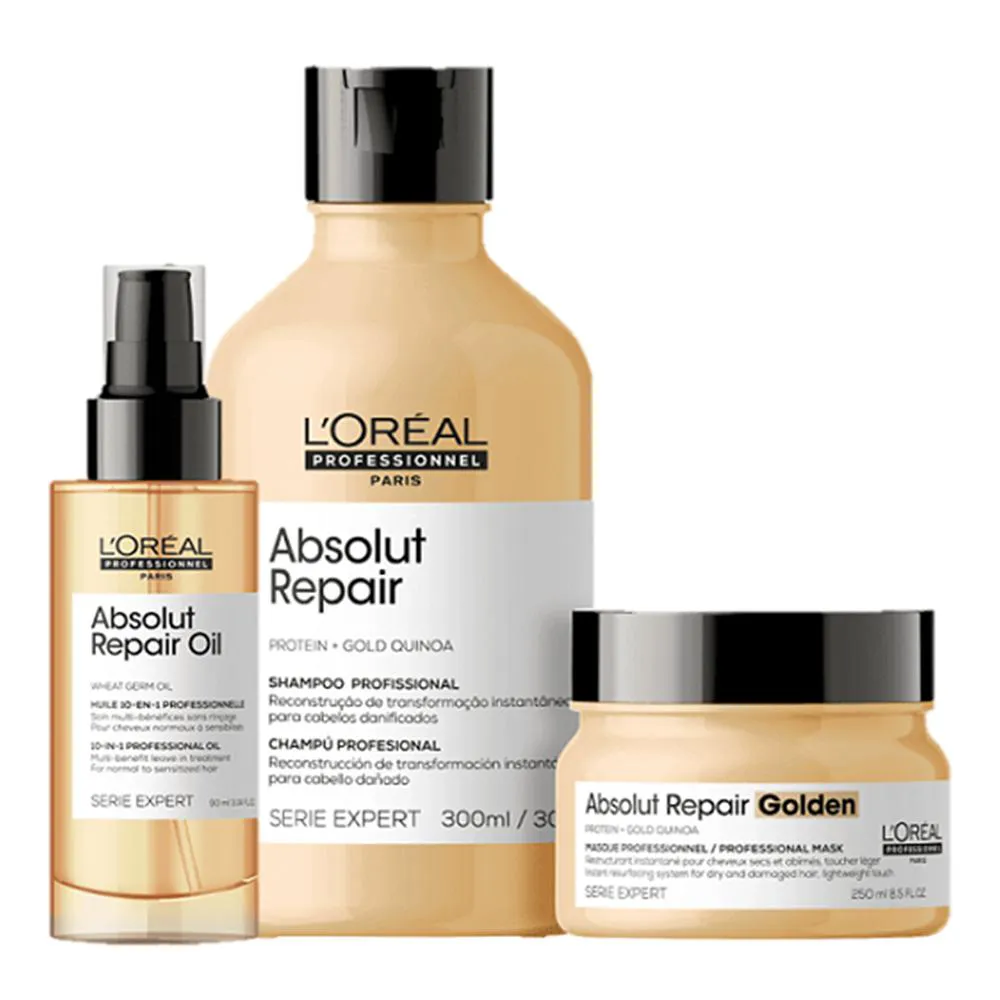 Kit L'oréal Professionnel Serie Expert Absolut Repair Gold Quinoa Protein Shampoo 300Ml + Máscara Golden 250Ml + Óleo 90