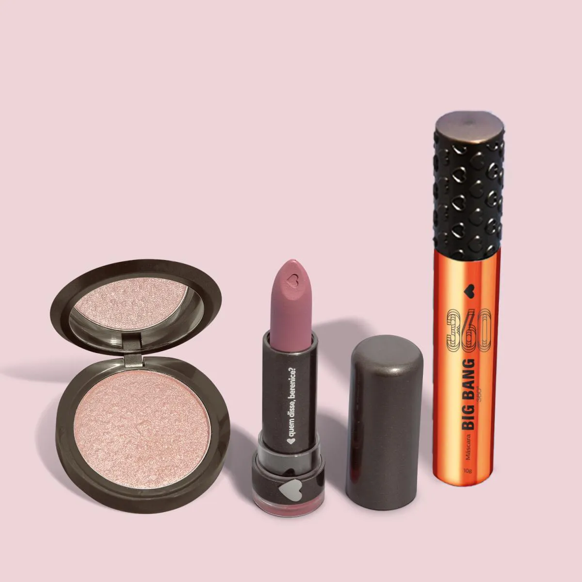 Combo Iluminador Compacto Facial Roseluz 5G + Máscara Big Bang 360º 10G + Batom Mate Alta Pigmentação Rosetom 3,8G