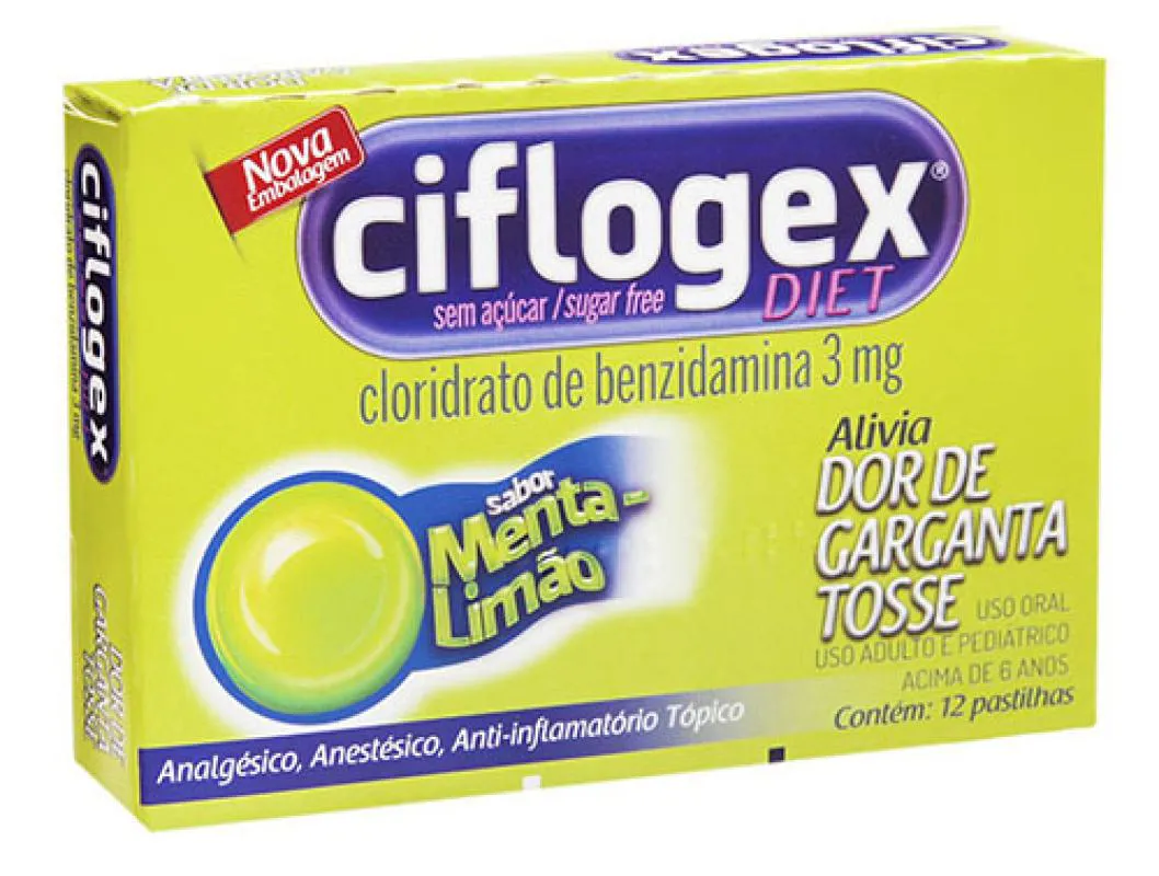 Pastilhas Para Garganta Ciflogex Diet Sabor Menta Cimed 12 Pastilhas