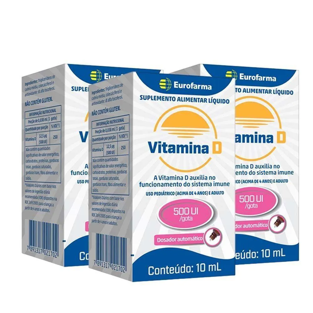 KIT 3 VITAMINAS D 500UI SOLUçãO EUROFARMA