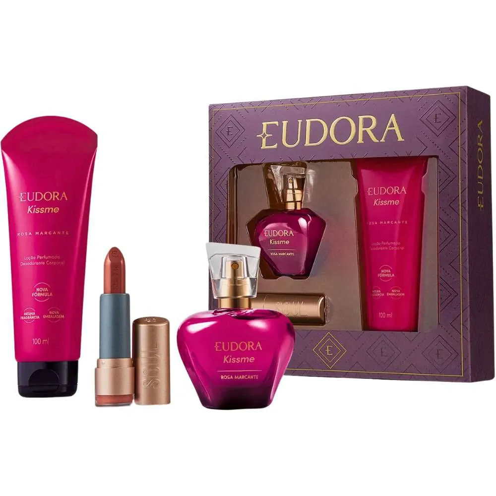 Kit Kissme Rosa Marcante Eudora Feminino Deo Colônia 50ml + Loção Hidratante 100ml + Batom Hidratante Nude Veludo Soul Kiss Me 3,7g