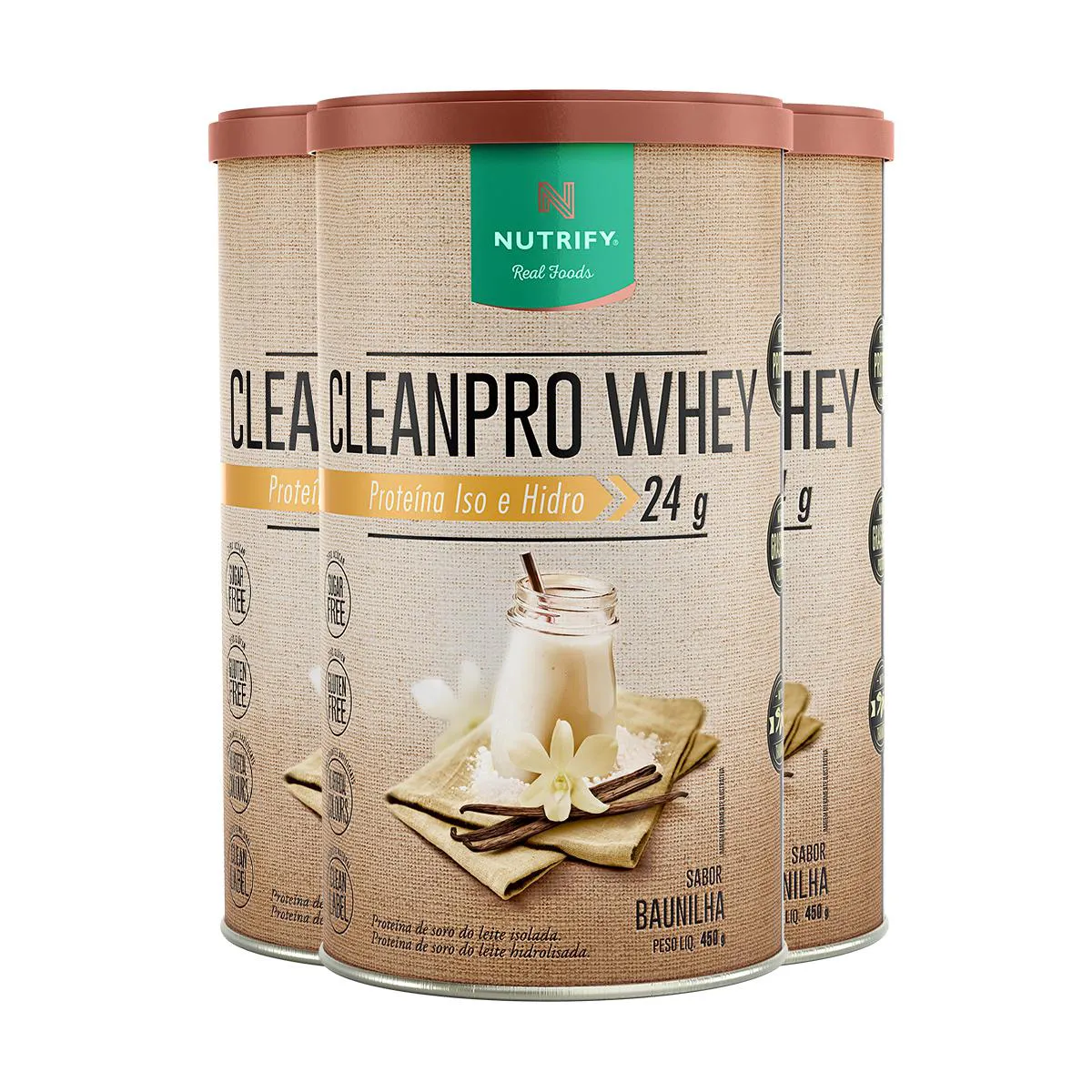 KIT 3 CLEAN PRO WHEY HIDROLISADO BAUNILHA NUTRIFY 450G