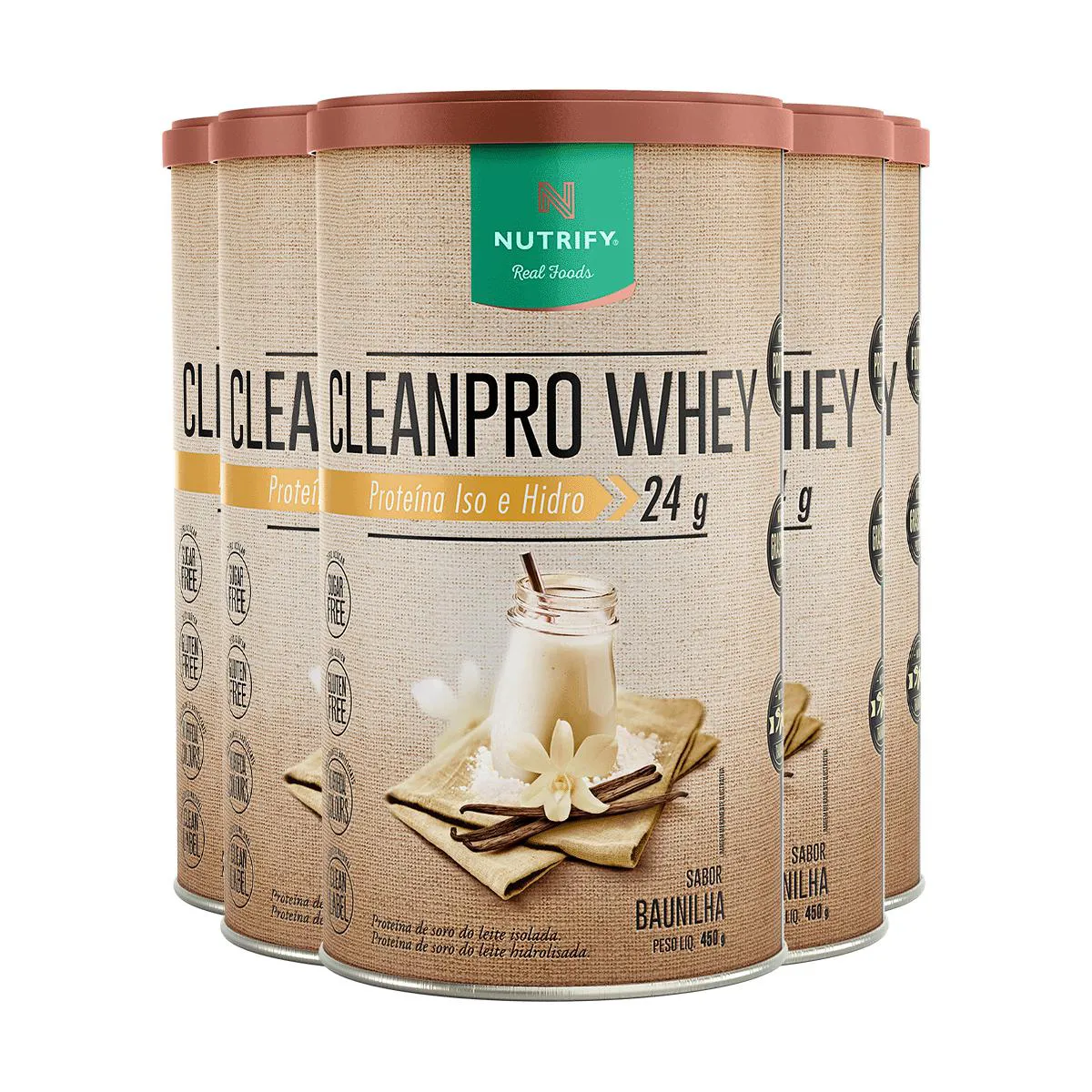KIT 5 CLEAN PRO WHEY HIDROLISADO BAUNILHA NUTRIFY 450G