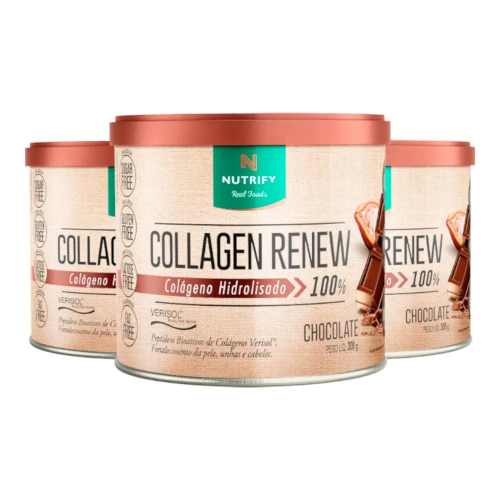 KIT 3 COLLAGEN RENEW COLáGENO HIDROLISADO CHOCOLATE NUTRIFY 300G