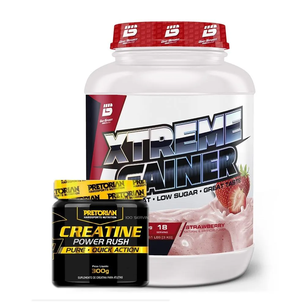 KIT XTREME GAINER 3KG BIO SPORTS USA + CREATINA POWER RUSH 300G PRETORIAN Morango