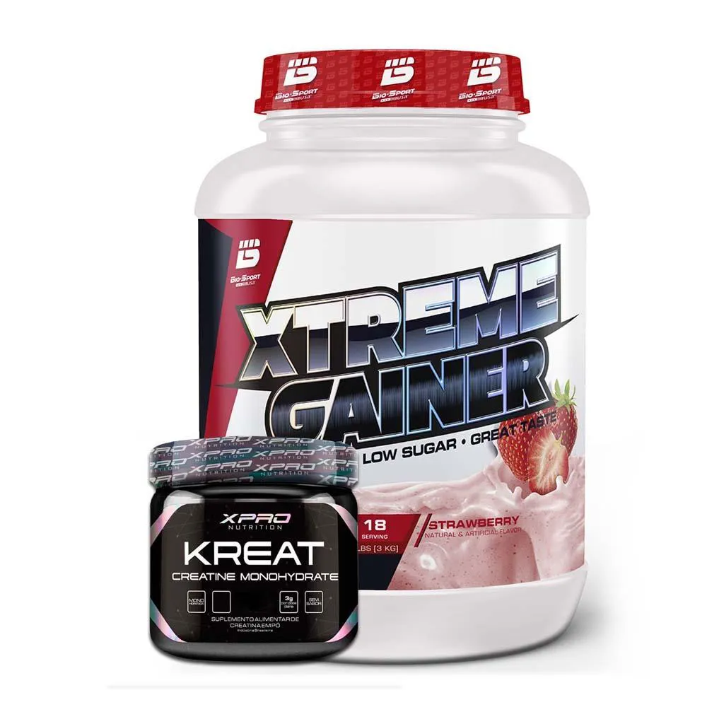 KIT XTREME GAINER 3KG BIO SPORTS USA + KREAT MONOHIDRATADA 300G XPRO NUTRITION Morango