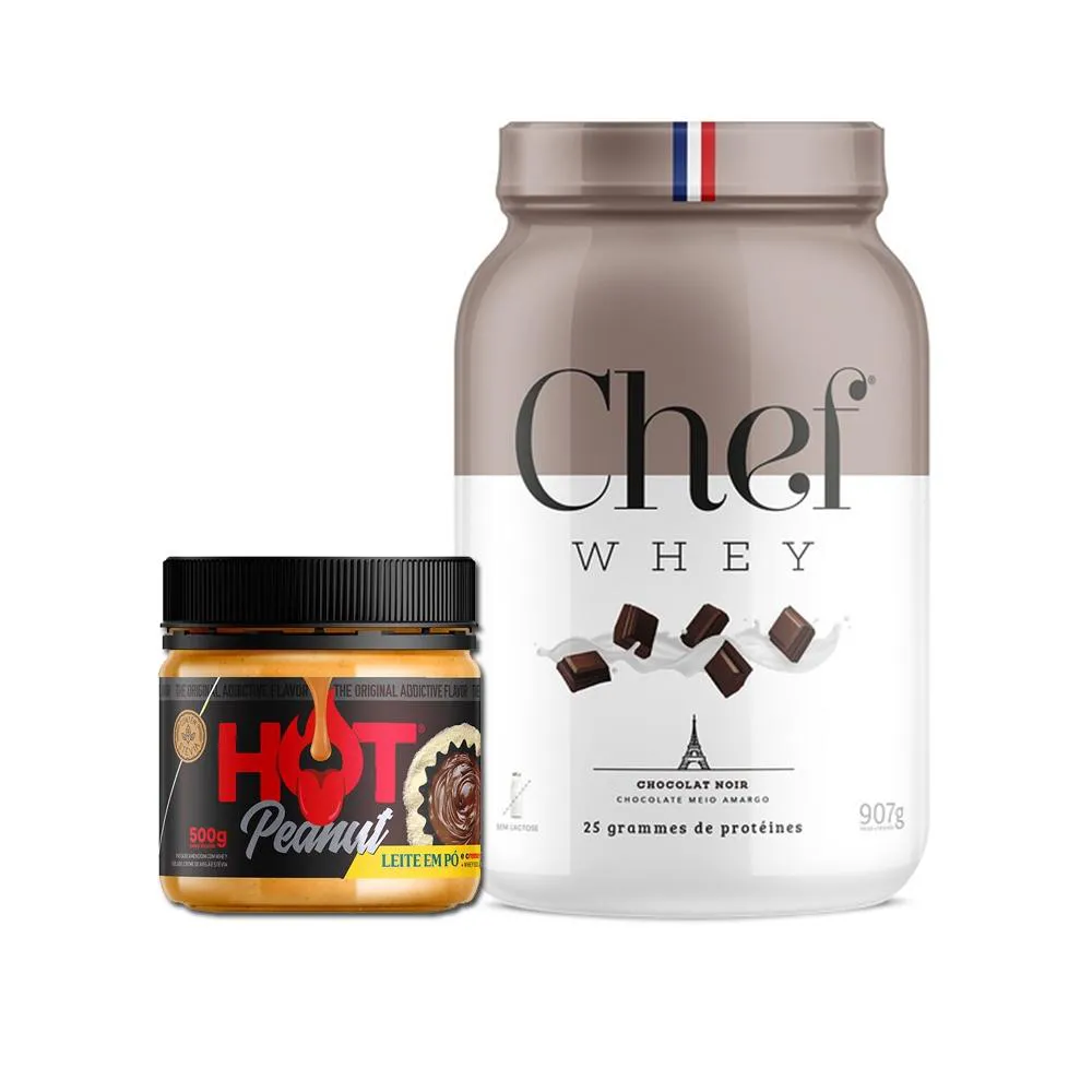 KIT CHEF WHEY 907G + PASTA DE AMENDOIM 500G - HOT FIT Chocolat Noir Chocolate Amargo