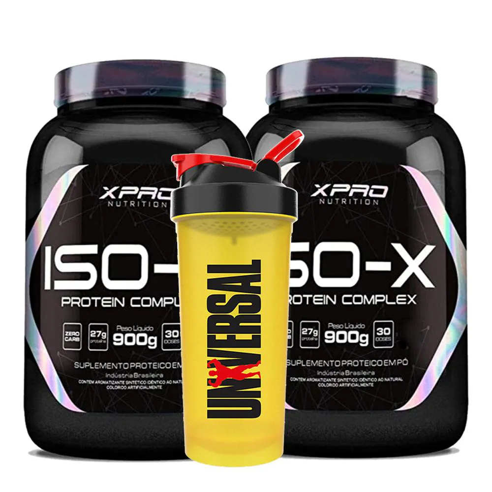 KIT 2X WHEY ISO-X 900G - XPRO + COQUETELEIRA 600ML-UNIVERSAL Morango