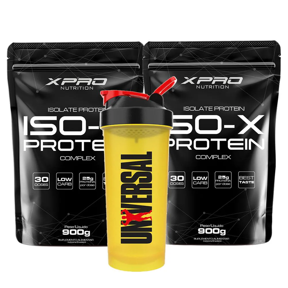 KIT 2X WHEY ISO-X 900G - XPRO + COQUETELEIRA 600ML-UNIVERSAL Cookies  Pudim DE Caramelo