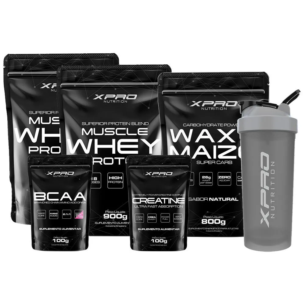 KIT 2X WHEY PROTEIN MUSCLE 900G + CREATINA + BCAA 100G+ WAXY MAIZE 800G +COQUET 700ML-XPRO NUTRITION Cookies