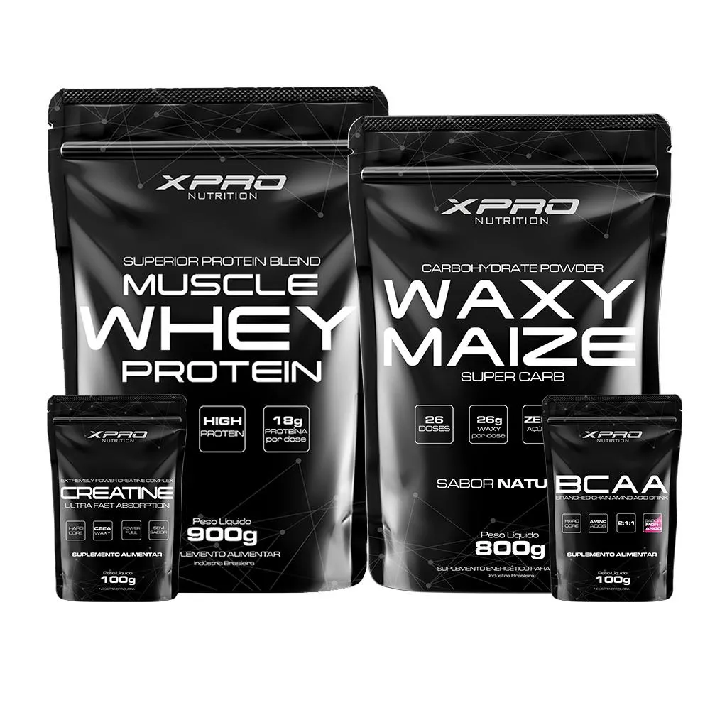 KIT WHEY PROTEIN MUSCLE WHEY 900G + CREATINA 100G + BCAA 100G + WAXY MAIZE 800G - XPRO NUTRITION Baunilha