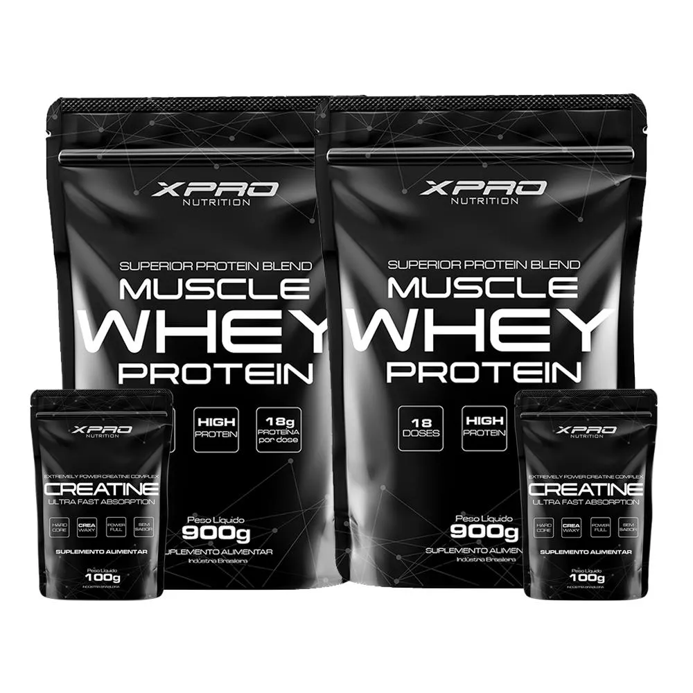 KIT 2X WHEY PROTEIN MUSCLE WHEY 900G + 2X CREATINA 100G - XPRO NUTRITION Baunilha